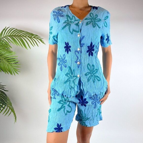 Vintage 90s Beachy Floral Retro Blue Coastal Summer Co-ord Set / Size: Large - Picture 3 of 7